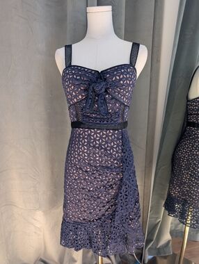 Self-Portrait Bow Detail Mini Dress Navy Beige | Sweetheart Structured Cocktail